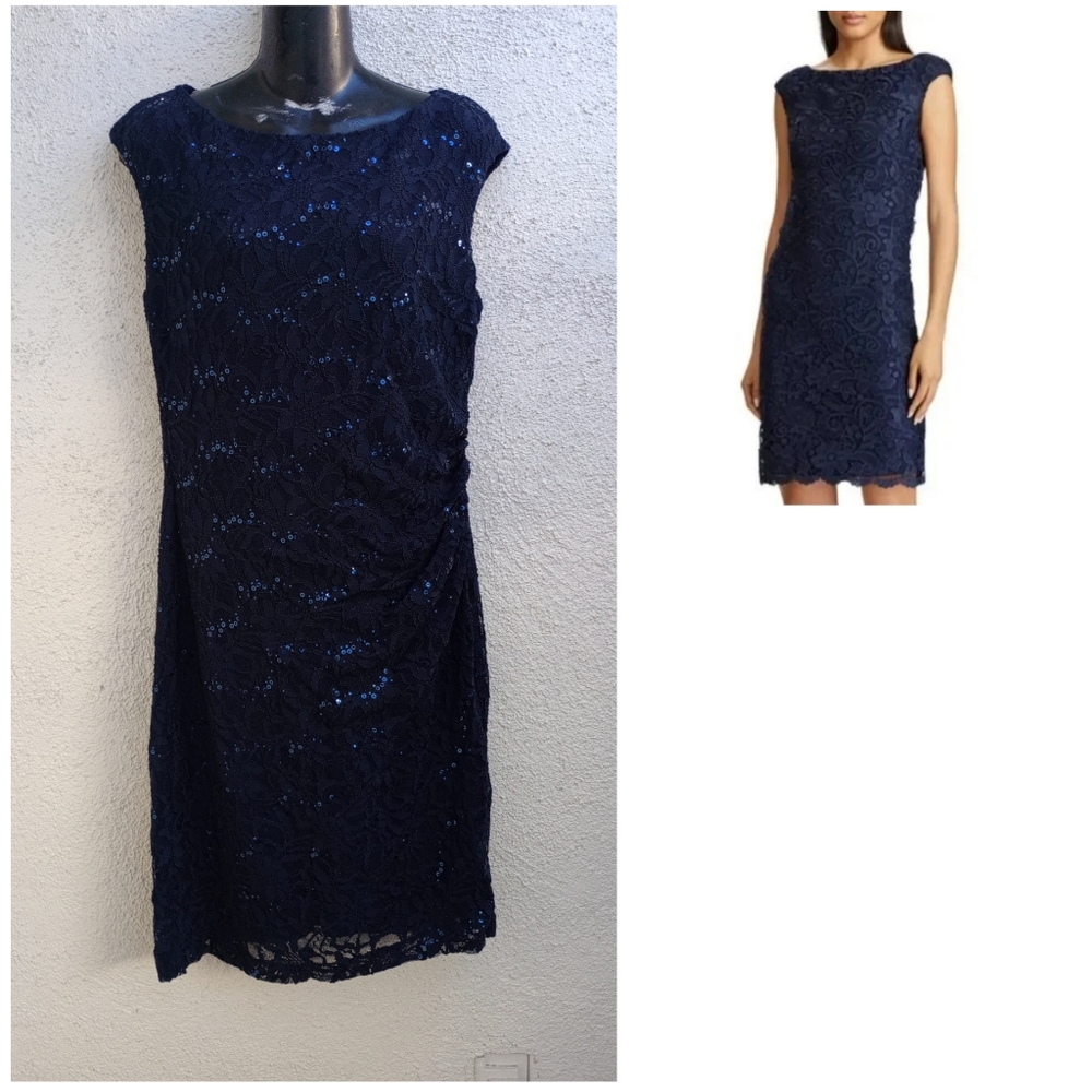 Lauren Ralph Lauren Navy Blue Lace Sequin Sheath Dress